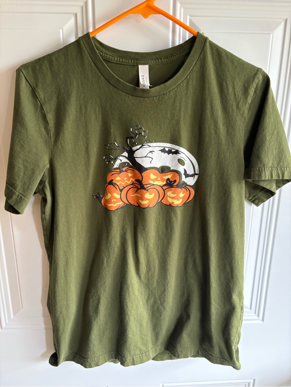 Bella Canvas Olive Green Pumpkin Tee with Orange Jack-O'-Lanterns